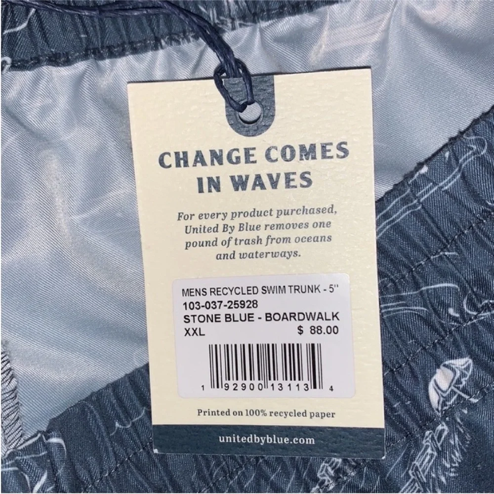 Swim Shorts UNITED BY BLUE Boardwalk Print in Stone Blue 5” Swim Trunk XXL NWT